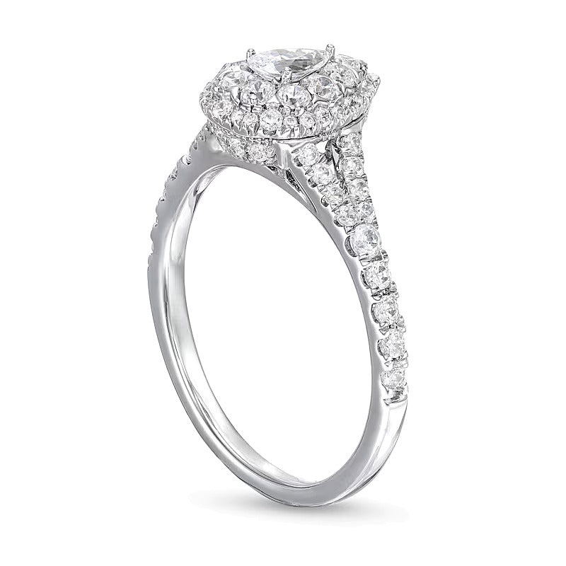 0,75 ct. Gesamtgewicht Verlobungsring mit Diamanten in Tropfen- und Rundschliff, Split-Shank, in 10K Weißgold