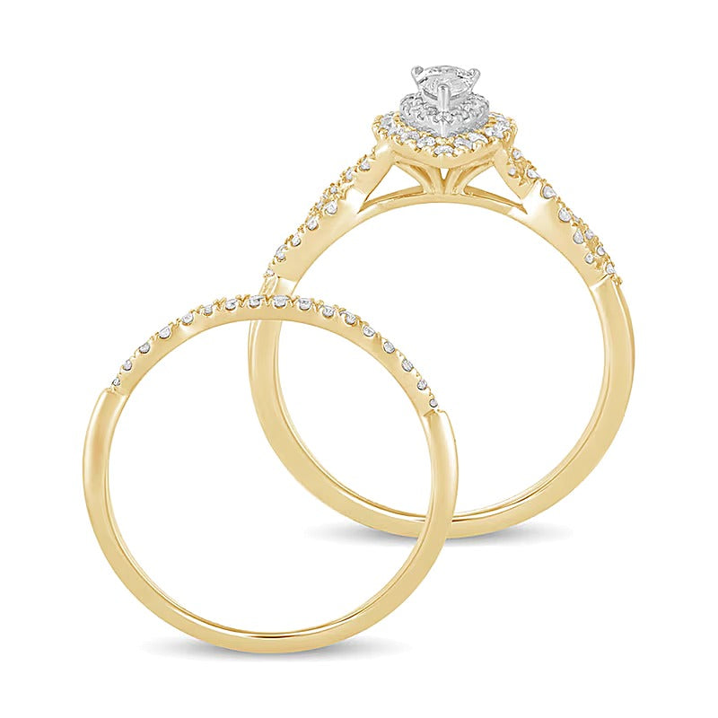 0.5 ct. Gesamtgewicht Braut-Set mit tropfenförmigen Diamanten, mehrreihig, doppelter Halo, in 10K Gelbgold