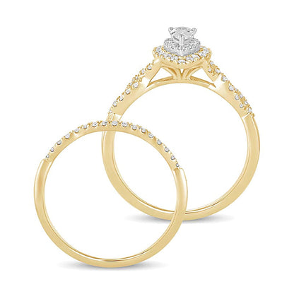 0.5 ct. Gesamtgewicht Braut-Set mit tropfenförmigen Diamanten, mehrreihig, doppelter Halo, in 10K Gelbgold