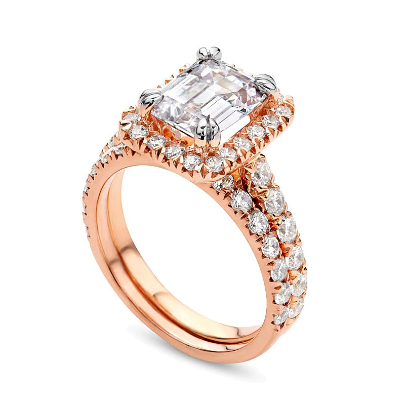 Braut-Set mit Labordiamanten im Smaragdschliff 4.5 ct. Gesamtgewicht in 14K Roségold, Halo (I/SI2)