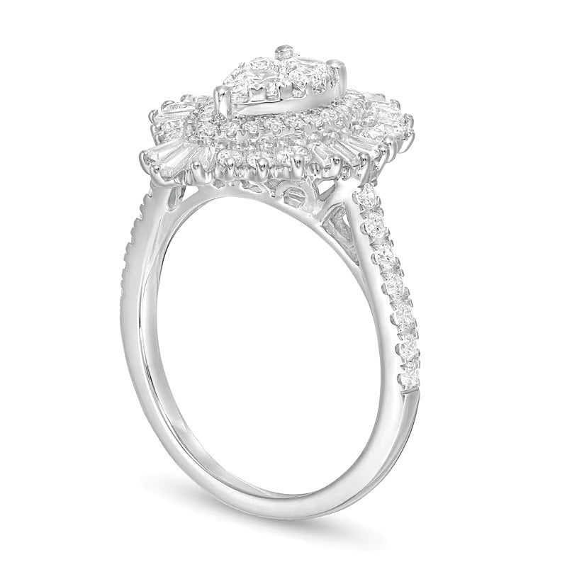 1.5 CT. Gesamtgewicht Komposit-Diamant Ring tropfenförmig mit Starburst-Fassung in 14K Weißgold