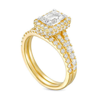 1,88 ct. Gesamtgewicht Braut-Set mit Labordiamanten im Smaragdschliff, Halo und geteilter Schiene in 14K Gelbgold (I/SI2)