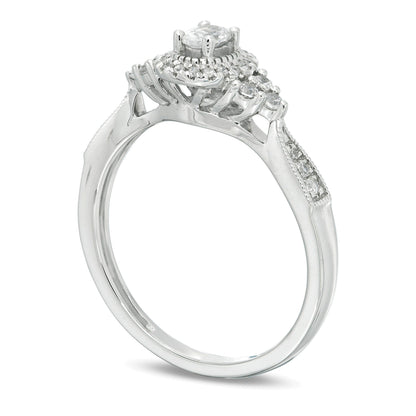 0,33 ct. Gesamtgewicht Verlobungsring im Vintage-Stil mit ovalem Diamant-Halo und seitlichem Diamantbesatz in 10K Weißgold