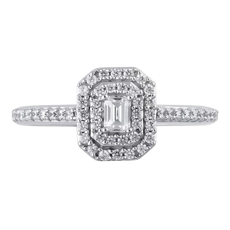 Verlobungsring mit Diamant im Smaragdschliff 0,5 ct. Gesamtgewicht und doppeltem oktogonalem Halo in 10K Weißgold