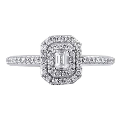 Verlobungsring mit Diamant im Smaragdschliff 0,5 ct. Gesamtgewicht und doppeltem oktogonalem Halo in 10K Weißgold