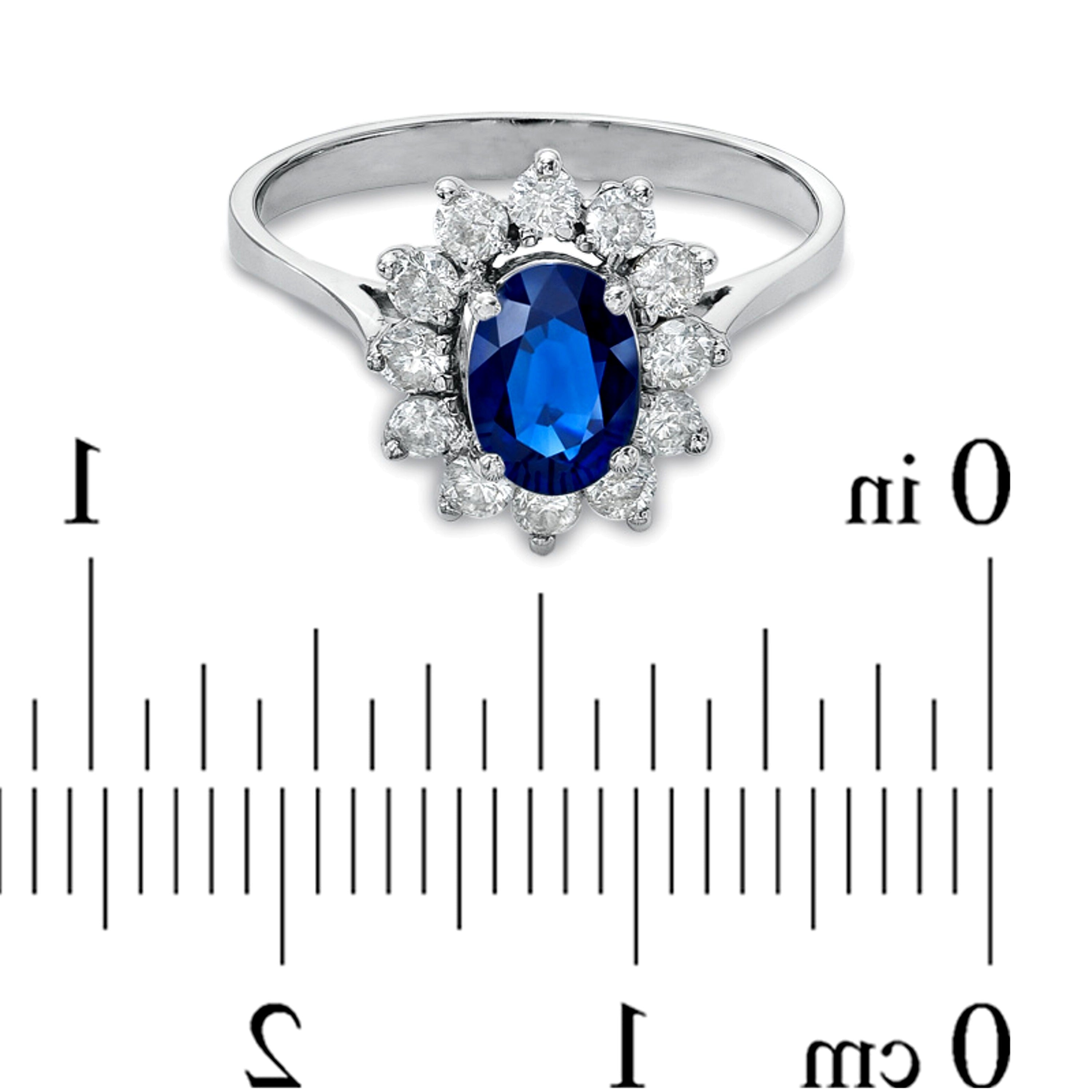 Verlobungsring mit ovalem blauem Saphir und 0,5 ct. Gesamtgewicht Diamanten im Halo aus 14K Weißgold
