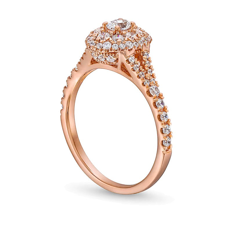 0.75 ct. Gesamtgewicht Verlobungsring mit ovalen und runden Diamanten und Split-Shank in 10K Roségold