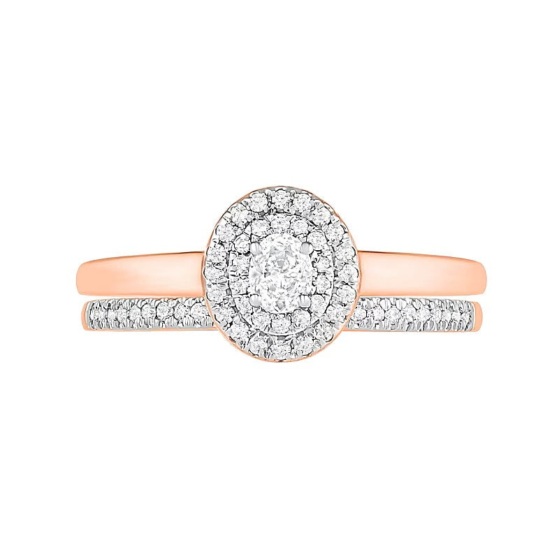 0.38 ct. Gesamtgewicht Braut-Set mit ovalem Diamant und doppeltem Halo in 10K Roségold