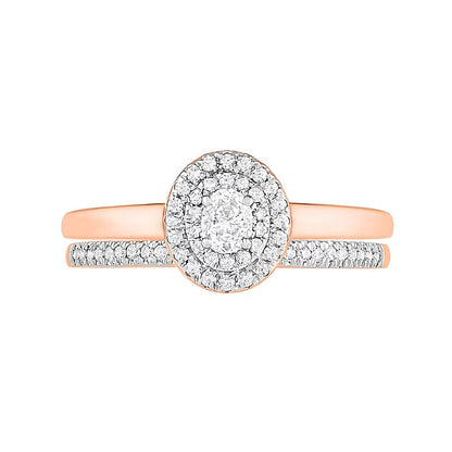 0.38 ct. Gesamtgewicht Braut-Set mit ovalem Diamant und doppeltem Halo in 10K Roségold