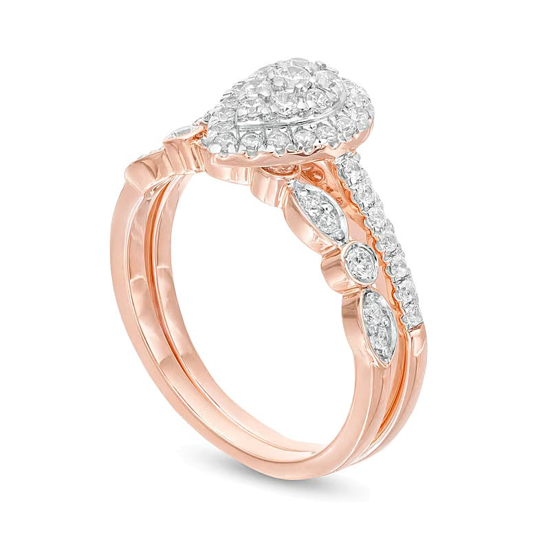 1.0 ct. Gesamtgewicht Komposit tropfenförmiger Diamant Art-Déco Brautset in 10K Roségold