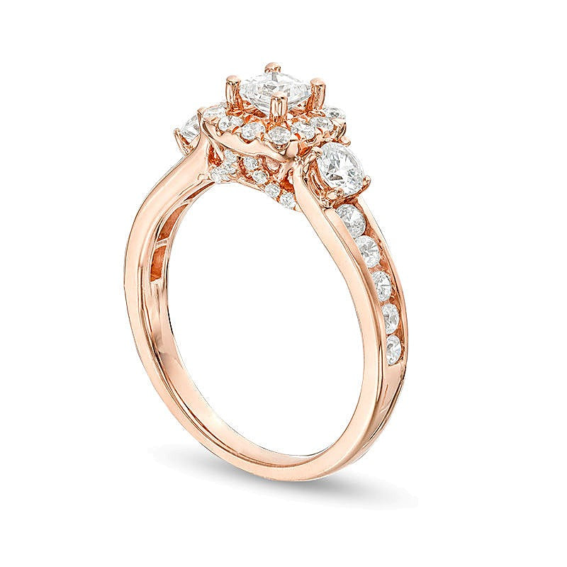 Dreistein-Verlobungsring mit Diamanten im Princess- und Rundschliff 1.25 ct. Gesamtgewicht in 14K Roségold