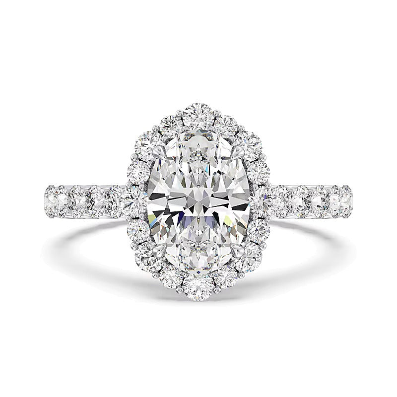 Verlobungsring mit ovalem Labordiamant und Halo, 3,5 ct. Gesamtgewicht, in 14K Weißgold