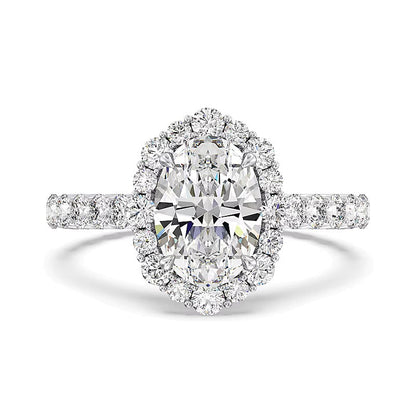 Verlobungsring mit ovalem Labordiamant und Halo, 3,5 ct. Gesamtgewicht, in 14K Weißgold