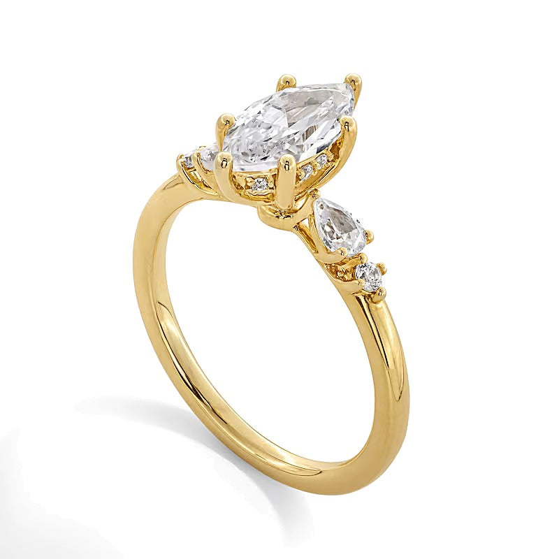 1,25 ct. Gesamtgewicht Solitär mit seitlichem Besatz Verlobungsring mit Labordiamanten in Marquise- und Tropfenform aus 14K Gelbgold (F/VS2)
