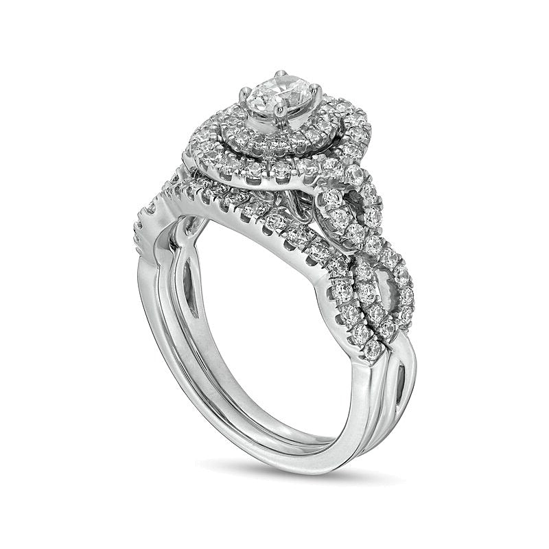 Braut-Set mit ovalen Diamanten und doppeltem Halo mit gedrehter Schiene, 1.0 ct. Gesamtgewicht, in 14K Weißgold