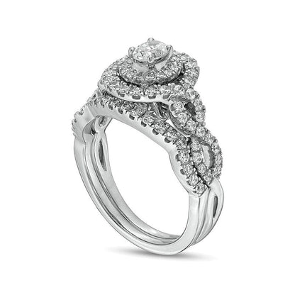 Braut-Set mit ovalen Diamanten und doppeltem Halo mit gedrehter Schiene, 1.0 ct. Gesamtgewicht, in 14K Weißgold