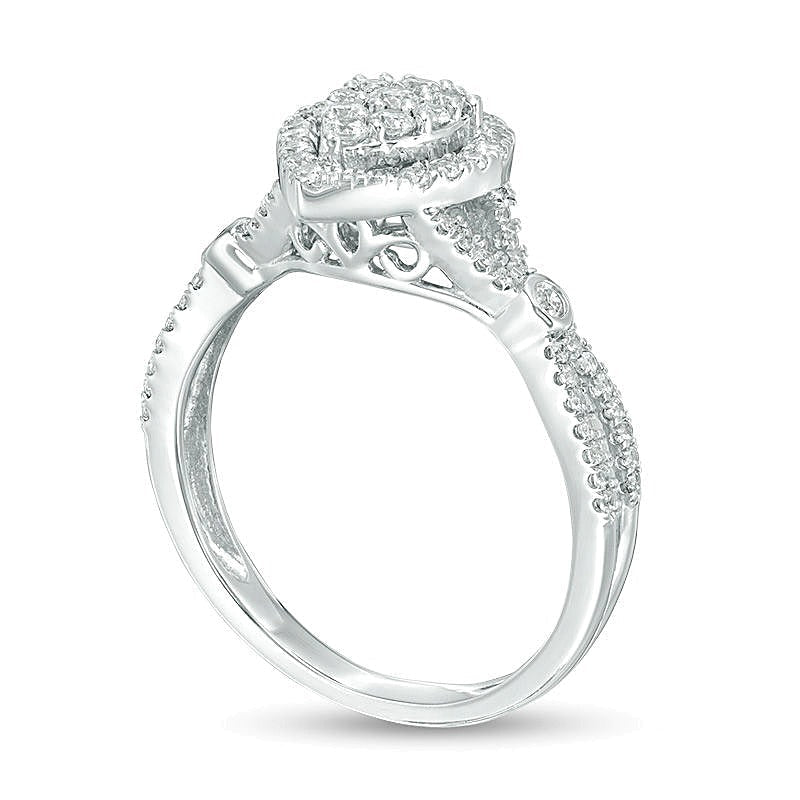 Multi-Diamant-Ring 0,5 ct. Gesamtgewicht mit tropfenförmigem Halo und geteilter Schiene in 10K Weißgold