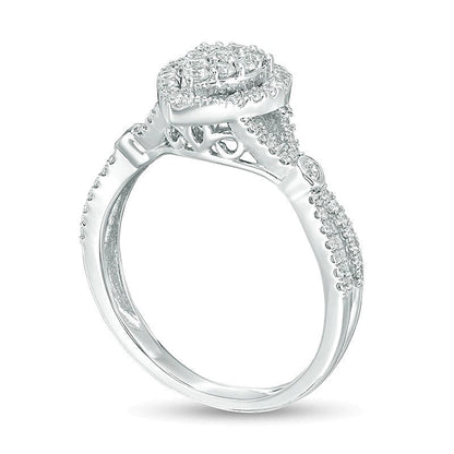 Multi-Diamant-Ring 0,5 ct. Gesamtgewicht mit tropfenförmigem Halo und geteilter Schiene in 10K Weißgold
