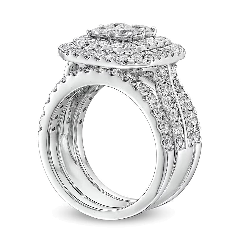 3.0 ct. Gesamtgewicht Multi-Diamant Komposit Halo dreiteiliges Brautset in 14K Weißgold