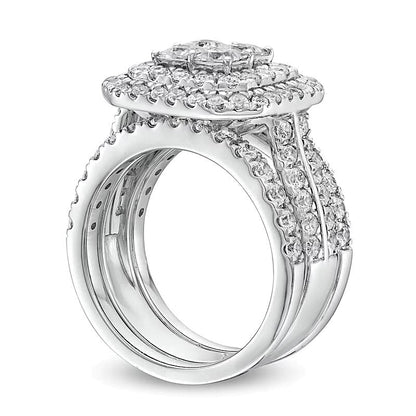 3.0 ct. Gesamtgewicht Multi-Diamant Komposit Halo dreiteiliges Brautset in 14K Weißgold