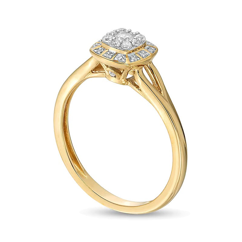 0.2 ct. Gesamtgewicht Freundschaftsring mit Diamanten im Kissenschliff-Rahmen und geteiltem Ringschenkel in 10K Gelbgold