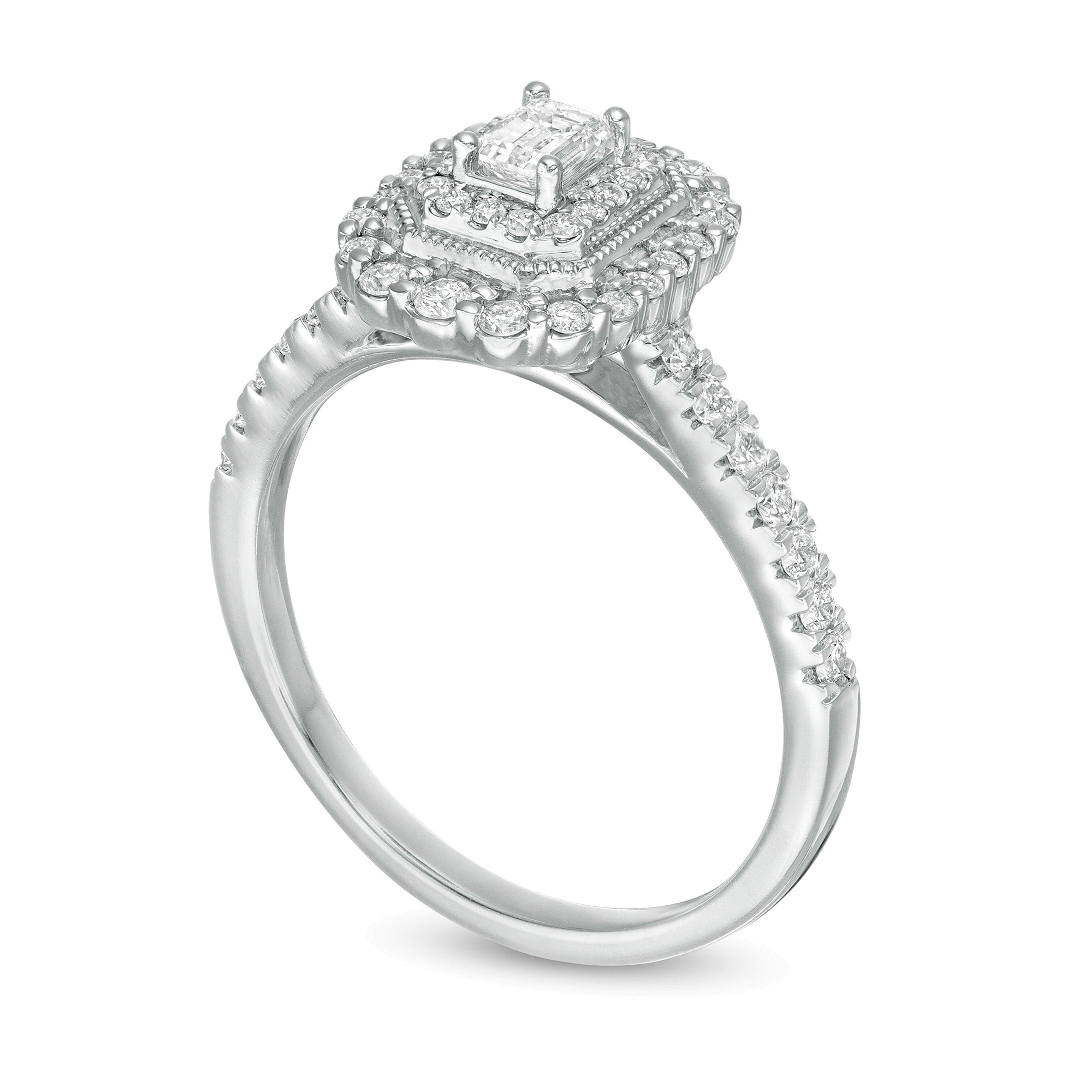 0.63 ct. Gesamtgewicht Verlobungsring im Vintage-Stil mit Diamant im Smaragdschliff und doppeltem achteckigem Rahmen in 10K Weißgold