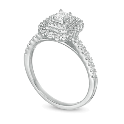 0.63 ct. Gesamtgewicht Verlobungsring im Vintage-Stil mit Diamant im Smaragdschliff und doppeltem achteckigem Rahmen in 10K Weißgold
