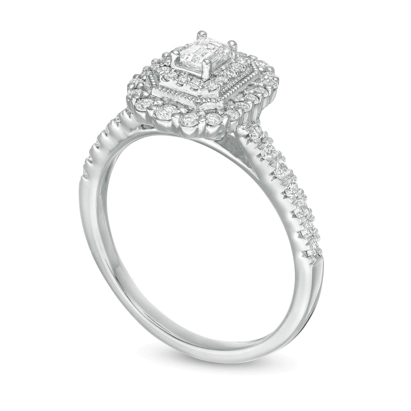 0.63 ct. Gesamtgewicht Verlobungsring im Vintage-Stil mit Diamant im Smaragdschliff und doppeltem achteckigem Rahmen in 10K Weißgold