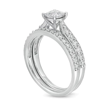 1.0 CT. Gesamtgewicht Diamant-Brautset mit sich verjüngender Ringschiene in 10K Weißgold
