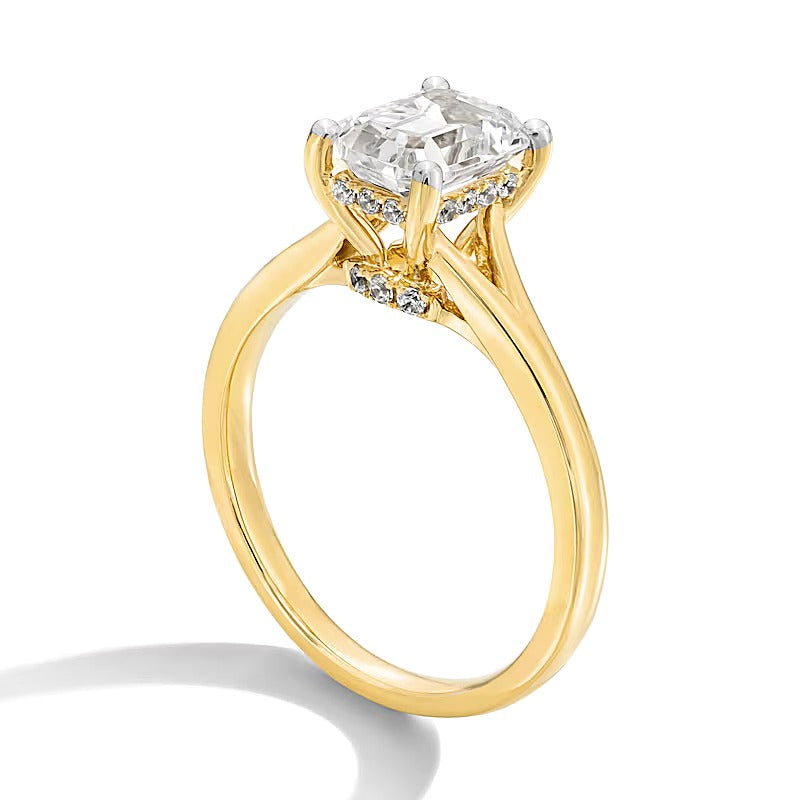 Solitär-Verlobungsring 2.0 ct. Gesamtgewicht mit Labordiamant im Smaragdschliff und geteilter Ringschiene in 14K Gelbgold (F/VS2)