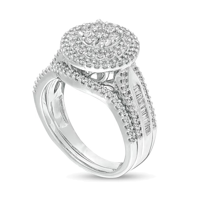 Braut-Set mit weißen Diamanten im Baguette- und Rundschliff, Komposit, mehrreihig, 1.0 ct. Gesamtgewicht, in 10K Weißgold