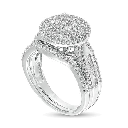 Braut-Set mit weißen Diamanten im Baguette- und Rundschliff, Komposit, mehrreihig, 1.0 ct. Gesamtgewicht, in 10K Weißgold