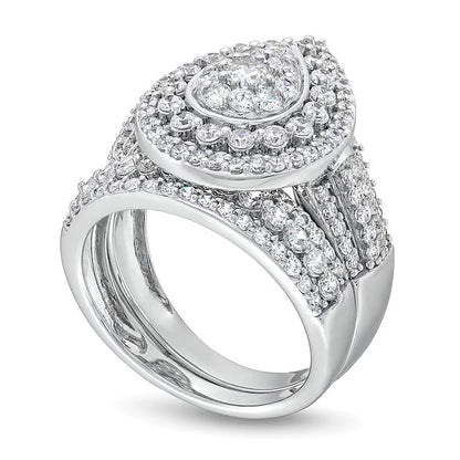 2.0 ct. Gesamtgewicht Brautset mit Diamanten im Tropfen-Schliff und tropfenförmigem Rahmen, mehrreihig, in 10K Weißgold