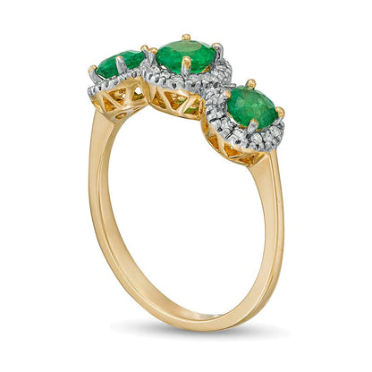 4,5 mm Smaragd und 0,2 ct. Gesamtgewicht Diamant Dreistein-Ring mit Rahmen in 14K Gelbgold