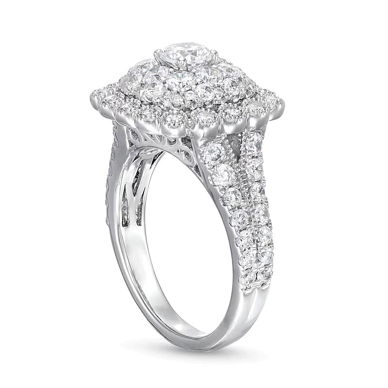 Verlobungsring mit mehreren Diamanten 2.0 ct. Gesamtgewicht im Vintage-Stil mit Bubble-Rahmen, rund und Kissenschliff, in 10K Weißgold