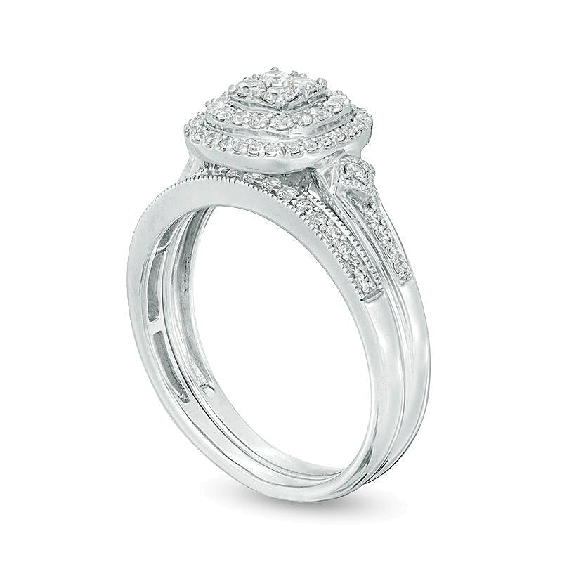 0.5 ct. Gesamtgewicht Komposit-Diamant Brautset mit doppeltem Kissenschliff-Rahmen im Vintage-Stil in 10K Weißgold