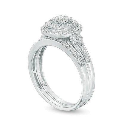 0.5 ct. Gesamtgewicht Komposit-Diamant Brautset mit doppeltem Kissenschliff-Rahmen im Vintage-Stil in 10K Weißgold