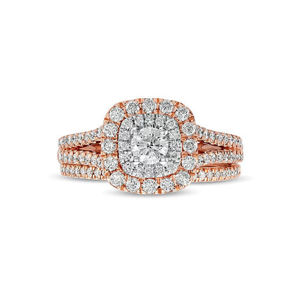 Brautset mit Diamanten 1.0 ct. Gesamtgewicht, rund & Kissenschliff, mehrreihig, in 10K Roségold