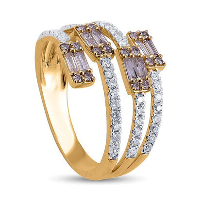 Fashion-Ring mit champagnerfarbenen und weißen Diamanten im rund- und Baguette-Schliff, mehrreihig, offene Schiene, 1.0 ct. Gesamtgewicht, 10K Gelbgold