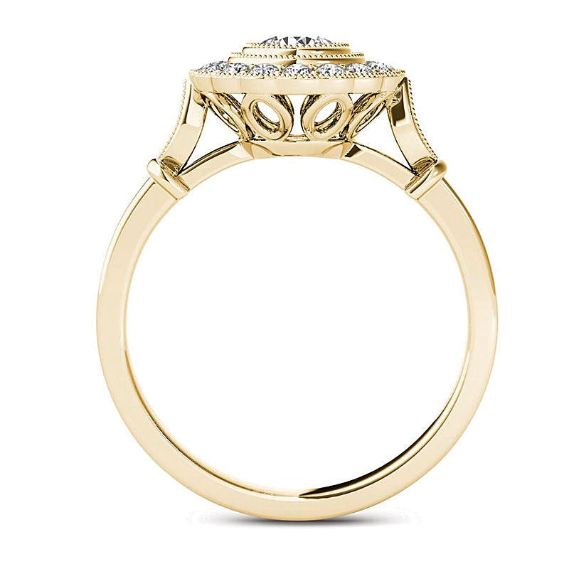 0.63 ct. Gesamtgewicht Diamant Halo Verlobungsring im Vintage-Stil in 14K Gelbgold