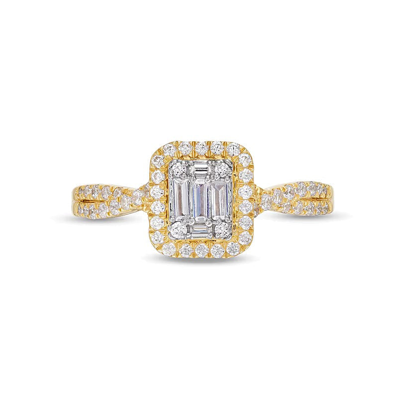 Verlobungsring mit mehreren Diamanten in Baguette-, rund- und Smaragdschliff 0.5 ct. Gesamtgewicht in 10K Gelbgold