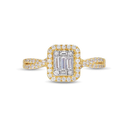 Verlobungsring mit mehreren Diamanten in Baguette-, rund- und Smaragdschliff 0.5 ct. Gesamtgewicht in 10K Gelbgold