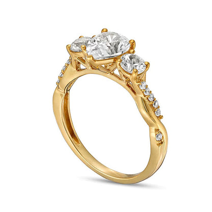 Dreistein-Ring für Damen mit tropfenförmigem weißem Labor-Saphir und 0,1 ct. Gesamtgewicht Diamanten in 10K Gelbgold