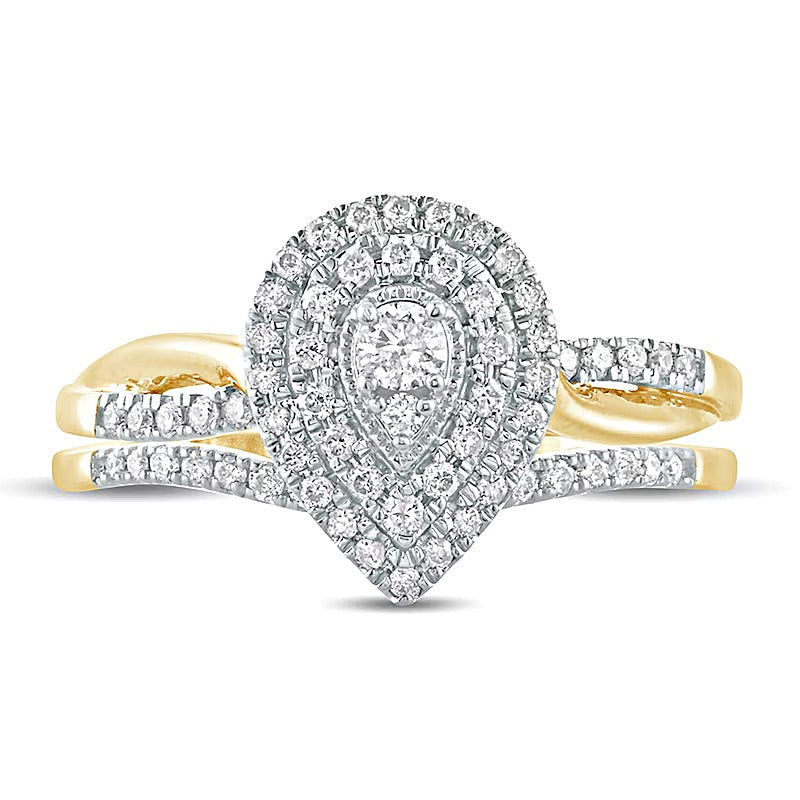 Braut-Set mit Komposit-Diamanten im Tropfen-Rahmen 0,38 ct. Gesamtgewicht in 10K Gelbgold