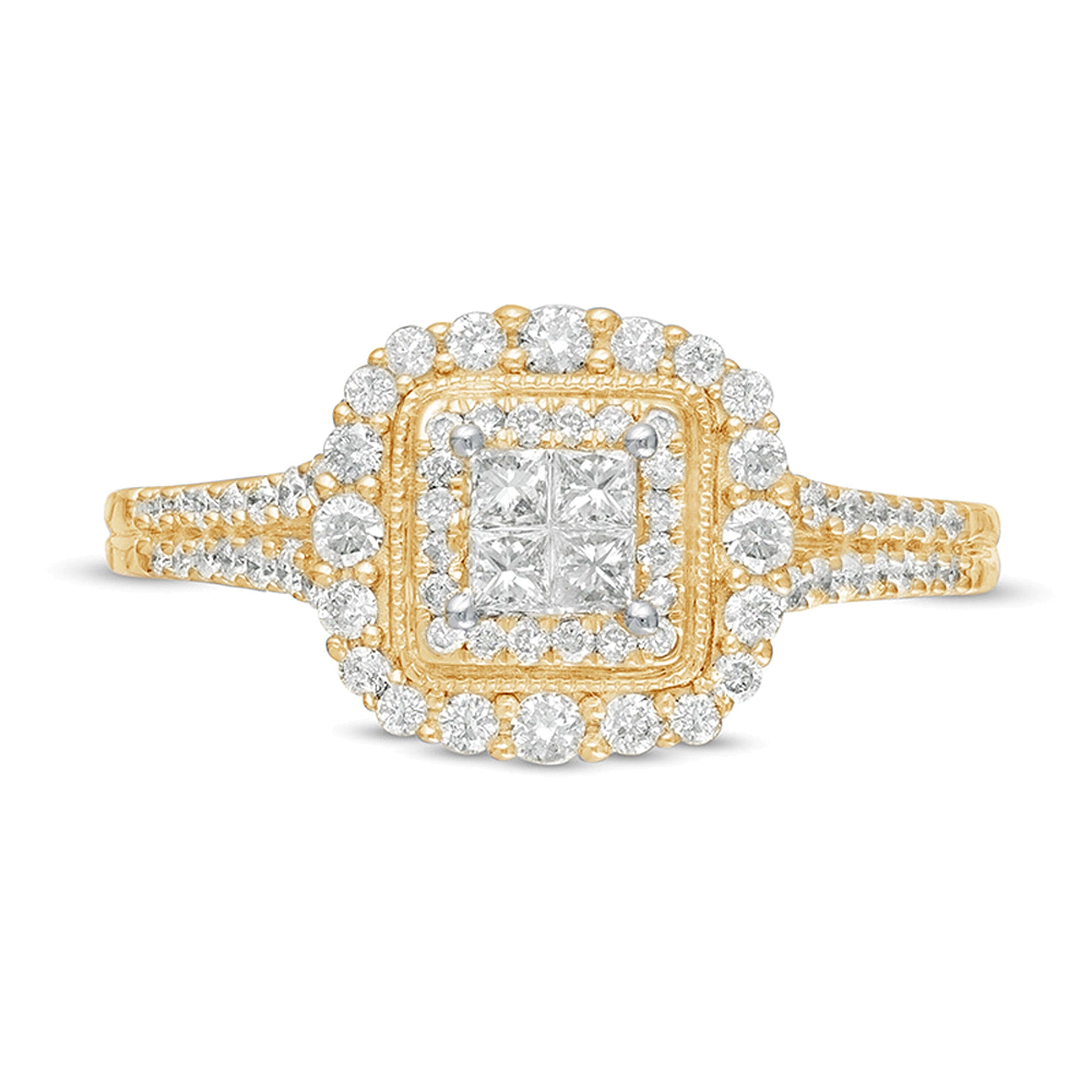 0.5 ct. Gesamtgewicht Verlobungsring im Vintage-Stil mit Diamanten im Princess-Schliff und quadratischem Halo aus 10K Gelbgold