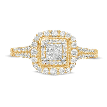 0.5 ct. Gesamtgewicht Verlobungsring im Vintage-Stil mit Diamanten im Princess-Schliff und quadratischem Halo aus 10K Gelbgold
