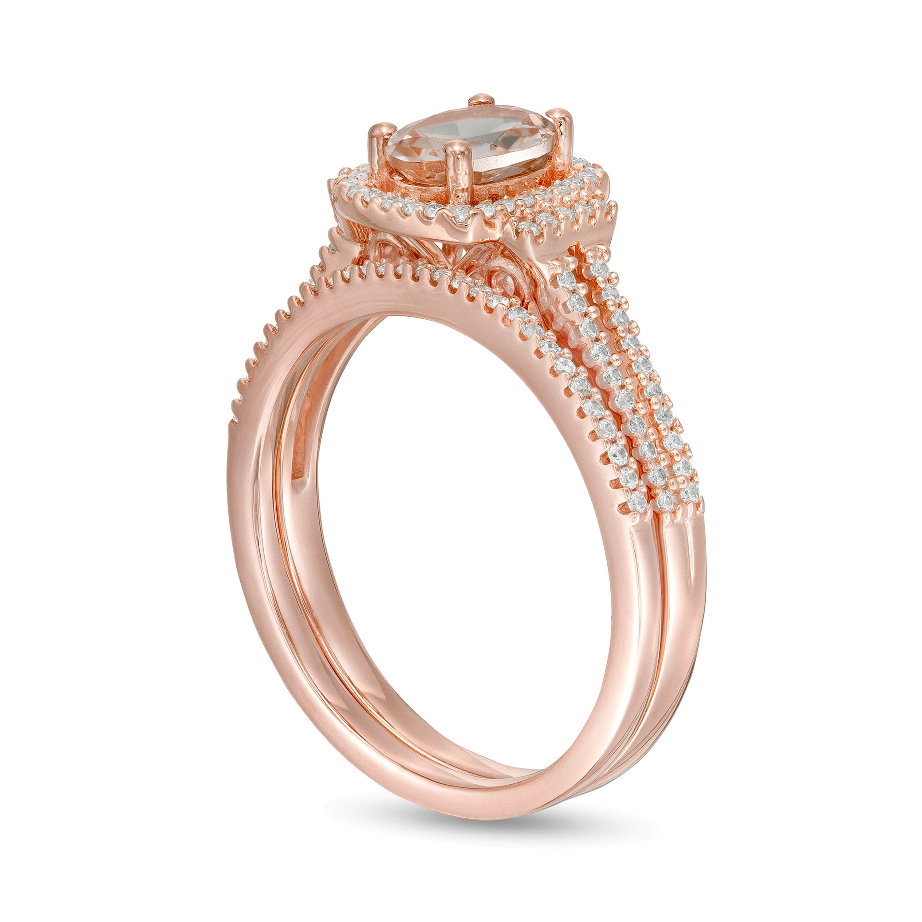 Braut-Set mit ovalem Morganit und 0,33 ct. Gesamtgewicht Diamanten im Kissenschliff-Rahmen und geteilter Ringschiene in 10K Roségold