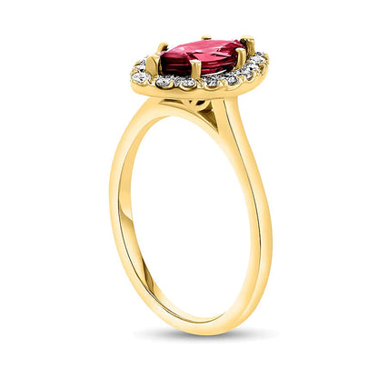 Ring mit Marquise-Rubin und 0,25 ct. Gesamtgewicht Diamanten im Halo in 14K Gelbgold