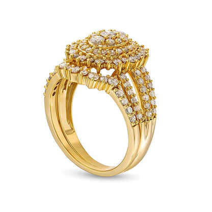 1.25 ct. Gesamtgewicht Braut-Set mit ovalen Diamanten und Sunburst-Halo, geteilter Schiene, in 10K Gelbgold
