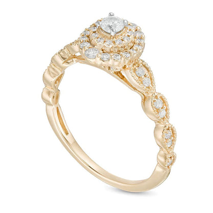 0,38 ct. Gesamtgewicht Diamant-Verlobungsring im Art-Déco-Vintage-Stil mit Halo aus 10K Gelbgold